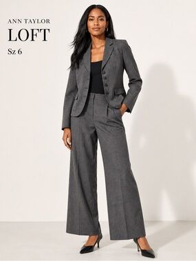 Ann Taylor LOFT Gray Pants Suit Size 6 Blazer Wide Leg Career Work Set